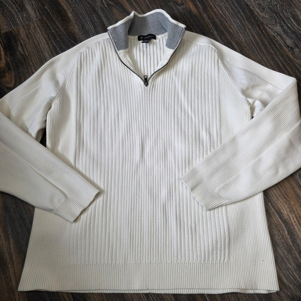 INC International Concepts Mens White Ribbed Quarter Zip Sweater XL Cotton Blend